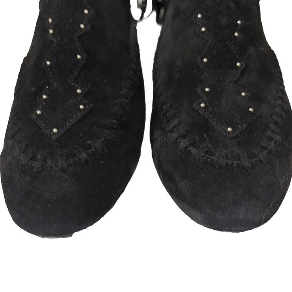 SAINT LAURENT black suede fringe studded moccasin ankle boot EU 39 US 9 boho new - Picture 6 of 10